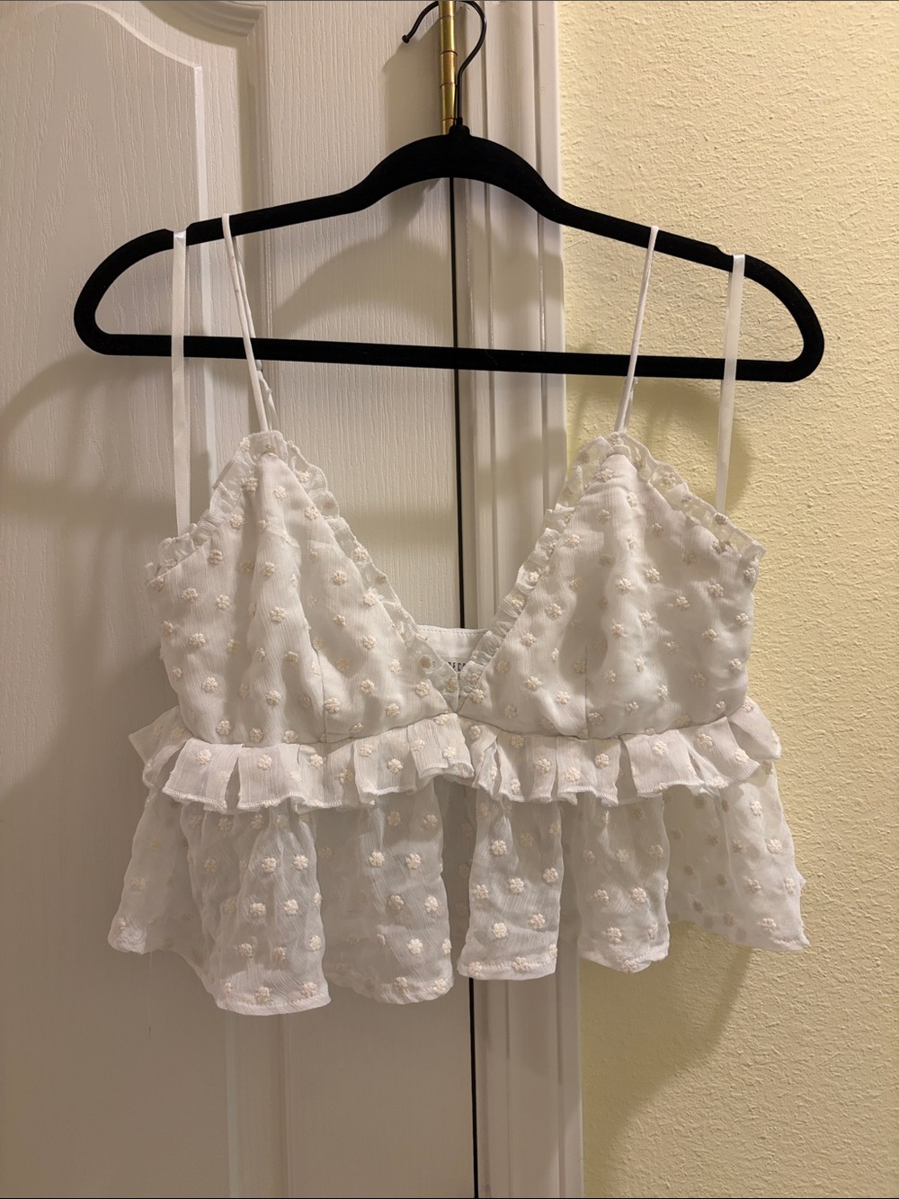 White Swiss-Dot Peplum Camisole with Ruffle Hem